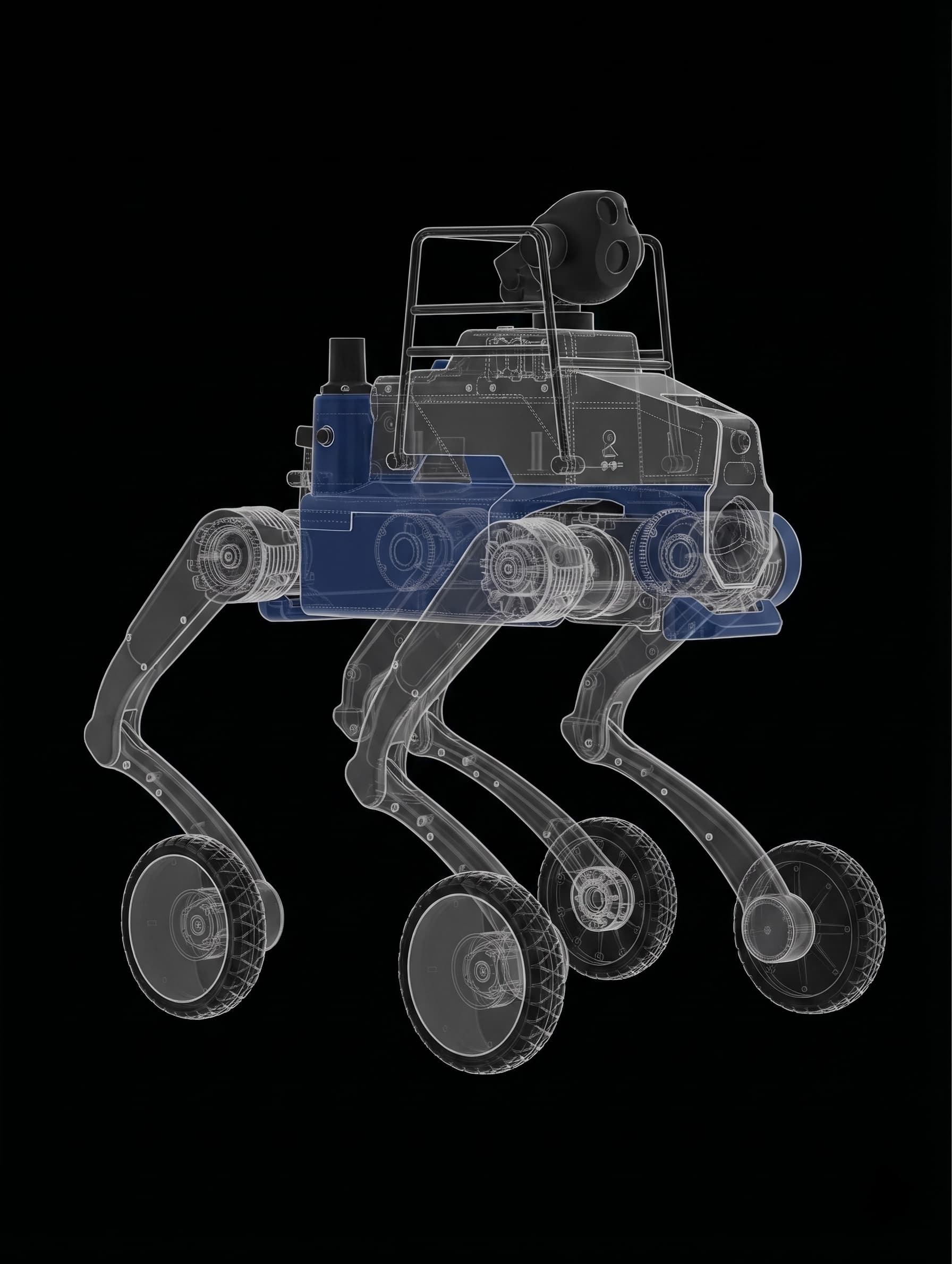 Полупрозрачная 3D‑схема колёсно‑ножного робота‑платформы с видеокамерой на верхней полезной нагрузке